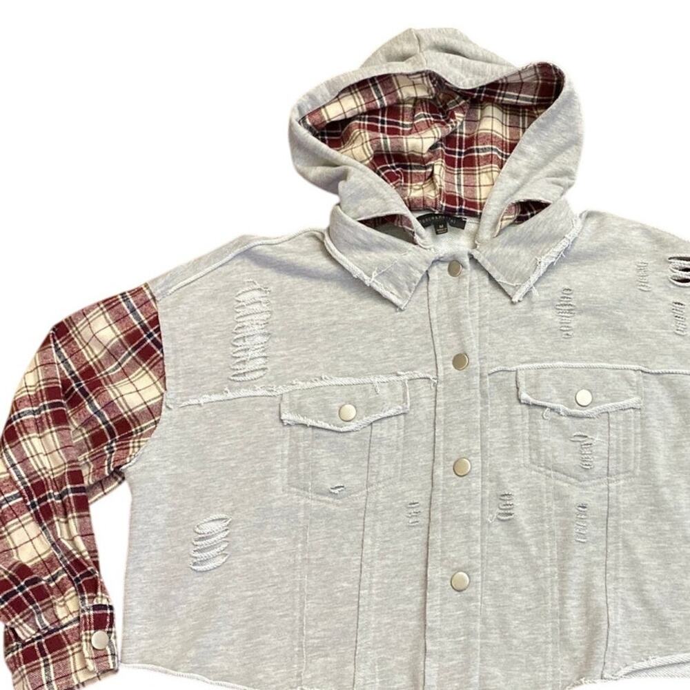 Dance & Marvel Grunge Distressed Ripped Detachable Hoodie Plaid Denim M Gorpcore
